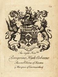 Våbenskjold af den højre ærede Peregrine Hyde Osborne, 2. hertug af Leeds, Viscount Osborne, jarl af Danby, markis af Carmarthen