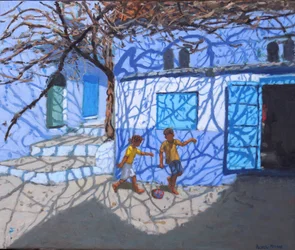 Boldspil på gaden, Chefchaouen, Marokko, 2018, (olie på lærred)