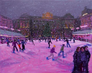 Juleskøjteløb, Somerset House med lyserøde lys.2014