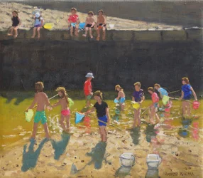 Crabbing in the Harbour, Bude, Cornwall, 2018, (olie på lærred)