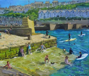 Sjov i havnen, Porthleven, Cornwall, 2021 (olie på lærred)