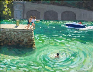 At springe ud fra havnemuren, Looe, Cornwall (olie på lærred)