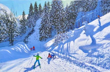 Skiløb ned ad pisten, Tignes, Frankrig, 2022 (olie på lærred)