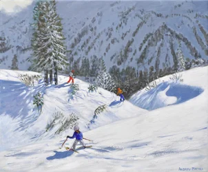 Tre skiløbere, Kitzbühel, Østrig, 2024 (olie på lærred)