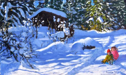 To på en slæde, The Orchard, Morzine, (olie på lærred)
