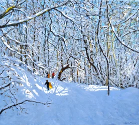 Gule og orange slæder, Allestree Park, Derby. 36 x 40,2018,