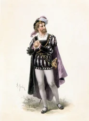 Basse, Colin, i rollen som Faust i operaen "" Faust"" af Charles Gounod (1818-1893). Tegning af A. Morton. 19. århundrede.