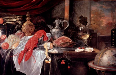 Stilleben med hummer, skinke, sølvtøj, maleri af Andrea Benedetti (1620-?) Faenza, kommunalt kunstgalleri