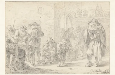 Uddeling af mad til pilgrimme og tiggere ved en klosterport