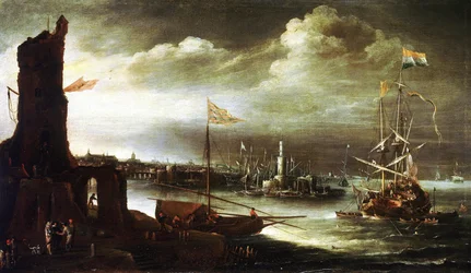 Et hollandsk skib ligger for anker foran havnen i Genova (Italien)