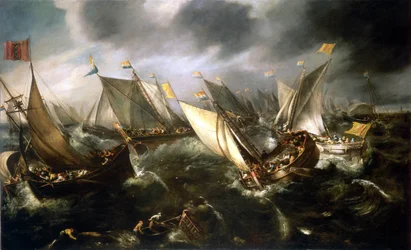 En hollandsk kapsejlads ud for Nordeuropas kyst. Olie på lærred, omkring 1630 af Andries van Eertvelt (1590-1652).
