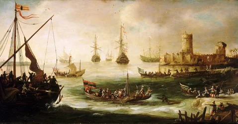 En spansk ekspeditions hjemkomst, olie på træ, af Andries van Eertvelt (1590-1652).