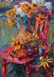 Gul blomster, rød stol