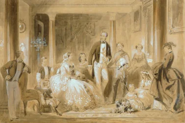 Kongelig familie i spisestuen på Osborne House (blyant med vask på papir)