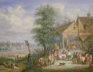 En fest ved høsttid med Drij Torens hus i baggrunden (se 332885 for par)