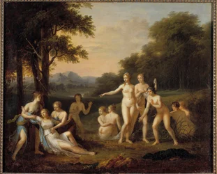 Diana opdager Kallistos graviditet. Maleri af Angelica Kauffmann (1740-1807). 1700-tallet. H. 0,46 x 0,56 m. Tours, Kunstmuseet