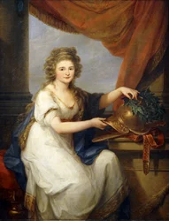 Portræt af grevinde Catherine Skavronska, siddende i trekvart længde, i nyklassisk kjole, ved et draperet gardin, prydende en hjelm, indskrevet "Potemkin Taurico", med en krans, 1789
