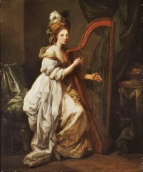 Portræt af Elizabeth Ewer, i hel figur, siddende i en hvid kjole med et gult sjal, spillende harpe, i et interiør, ca. 1768-73
