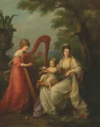 Portræt af Lady Elizabeth Smith-Stanley, grevinde af Derby, med sin spæde søn Edward, den senere 13. jarl af Derby, og hendes halvsøster, Lady Augusta Campbell, der spiller harpe.