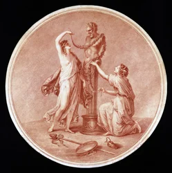 Nymfer pryder en statue af Pan, indgraveret af William Wynne Ryland (1732-83) 1776 (rød stiplet gravering)