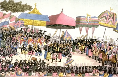 Den engelske ambassade i Elfenbenskysten, ca. 1820 (kobberstik)
