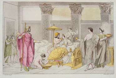 Ulysses og Penelopes bryllup, illustration fra Le Costume Ancien ou Moderne af Jules Ferrario, indgraveret af A. Biasoli, Milano 1821 (farvestik)