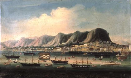 Udsigt over Hong Kong med en Prison Hulk og en Paddlesteamer i havnen (olie på lærred)