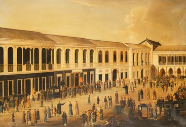 En udsigt over Hongs på havnefronten ved Canton, ca. 1825