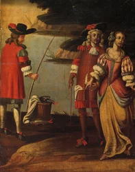 Firedobbelt dobbeltsidet skærm, ca. 1700 (malet lærred og læder) (detalje af 3248382)