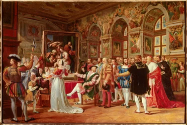 Frans 1.s århundrede: Frans 1., konge af Frankrig, modtog i Fontainebleau maleriet af Den Hellige Familie, sendt fra Rom af Rafael (Raffaello Sanzio, italiensk maler) som en hyldest til hans taknemmelighed. Ved hans sider skelner vi: (Del til venstre o