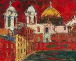 Cadiz katedral og bygninger, rød himmel (olie på lærred)