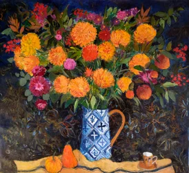 Orange krysantemum på en gobelinklud, 2022 (akryl)