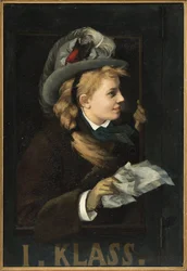 Kvinde ved vinduet i et tog - Dame i et togvindue, af Nordgren, Anna (1847-1916). olie på lærred