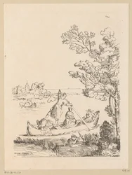 Flodlandskab med en båd roet af en kvinde Cabinet du Roy (serietitel på objekt)