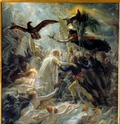 Apotheosis af de franske helte, der døde for hjemlandet under Liberte-krigen, hyldest til Napoleon Bonaparte Allegorie, der repræsenterer barden Ossian, skotske digter fra det 3. århundrede læst af Napoleon, som bød velkommen til Louis Charles Antoine Desa