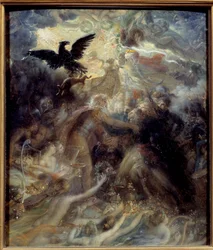 Apotheose af de franske helte, der døde for hjemlandet under Liberte-krigen, hyldest til Napoleon Bonaparte Allegorie repræsenterende barden Ossian, skotske digter fra det 3. århundrede læst af Napoleon, som bød generalerne Louis Charles Antoine Des velkom