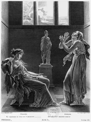 Fædra og Oinone, illustration fra akt I, scene 3 af «Phèdre» af Jean Racine (1639-99), graveret af Raphael Urbain Massard (1775-1843), 1824