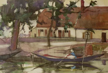 Båd på en kanal, fransk landsby