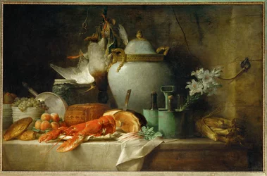 Vase, homard, fruits et gibier - Stilleben med vase, hummer, frugt og vildt ...