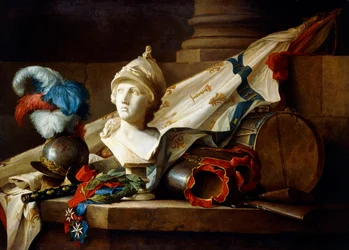 En buste af Minerva med rustning og våben på en stengesims, 1777