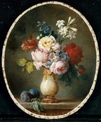 En vase med blomster og to blommer på marmorbordplade, 1781