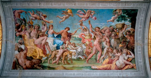 Bacchus (Dionysos, Bacco) på sin tank vender tilbage fra Indien og møder Ariane forladt af Thesee Fresco af Annibale Carracci (Annibal Carrache) (1560-1609). 1597-1600 Rom, Palazzo Farnese