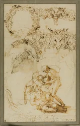 Den berusede Silenus og dekorative skitser: Studier til Tazza Farnese (recto); To putti kæmper: Studie til Galleria Farnese (bagside)