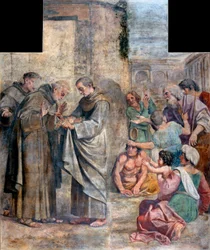Rosernes mirakel - anklaget for tyveri af mad, den spanske franciskanermunk Sankt Diego af Alcala (1400-1463) finder ud af, at de madvarer, der er gemt i hans vane med at give dem til de fattige, er blevet til roser - Maleri af Annibale Carracci (An