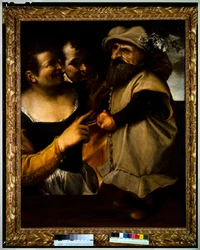 Mand og kvinde beundrer et barn i maskeradekostume, ca. 1582-85 (olie på lærred)