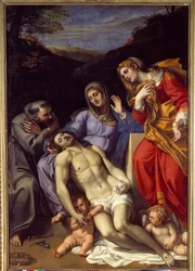 Pieta med Saint Francois af Assisi og Saint Mary Magdalene Maleri af Annibale Carracci eller Annibal Carrache (1560-1609). 1602. Søn 2,77x1,87 m