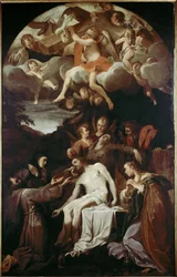 Pieta med St Claire, St Francis, St Mary Magdalene og St John (olie på lærred