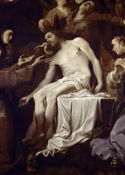 Pieta med St Claire, St Francis, St Mary Magdalene og St John, detalje af Jesus (olie på lærred