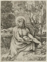 Sankt Hieronymus i vildmarken, ca. 1591 (radering med gravering på lagt papir, iiiiv)