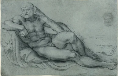 Studie af Hercules, der hviler, med separate studier af hans hoved og fod (recto); Rektangulært gitterdesign (verso)